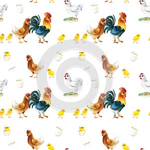 Watercolor seamless pattern with funny family - rooster, hen and chickens