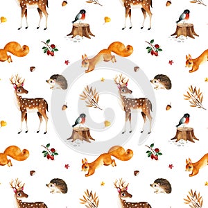 Watercolor seamless pattern with funny forest animals-bullfinch,hedgehog,deer,squirrel and leaves.