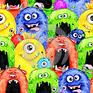 Watercolor seamless pattern with funny monster heads.