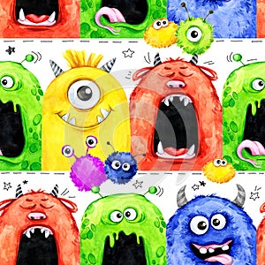 Watercolor seamless pattern with funny monster heads.