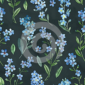 Watercolor seamless pattern of gentle blue flowers of forget-me-not with green leaves on dark background