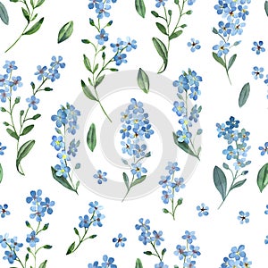 Watercolor seamless pattern of gentle blue flowers of forget-me-not with green leaves on white background