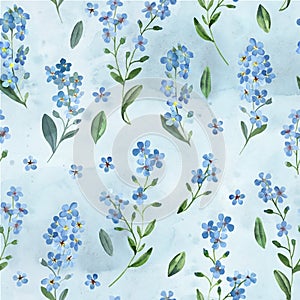 Watercolor seamless pattern of gentle blue flowers of forget-me-not with green leaves on white background