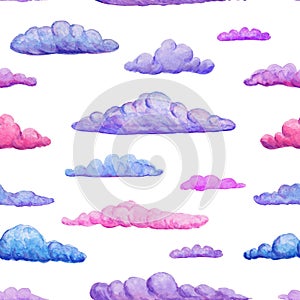 Watercolor seamless pattern of gentle pink purple and blue clouds on white backdrop. watercolor pastel clouds backdrop. Hand