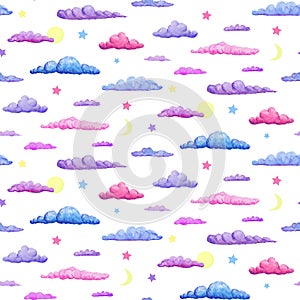 Watercolor seamless pattern of gentle purple pink and blue clouds. pastel clouds with stars crescent and full moon on white