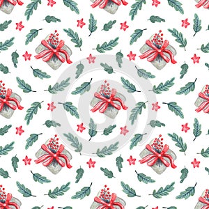 Watercolor seamless pattern with gift boxes tied with ribbon bows on white