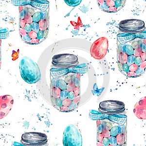 Watercolor seamless pattern with glass jar, candy, Easte eggs