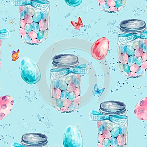 Watercolor seamless pattern with glass jar, candy, Easte eggs