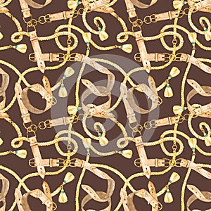 Watercolor seamless pattern with gold chains, belts and leather ropes on color background