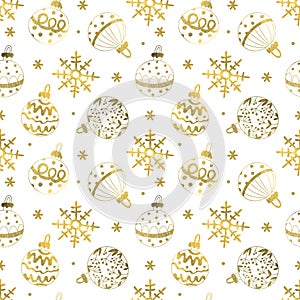 Watercolor seamless pattern with gold Christmas balls and snowflakes