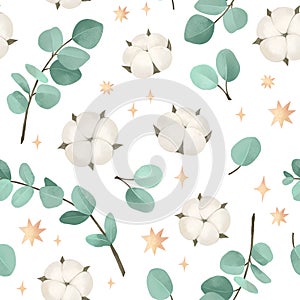 Watercolor seamless pattern - golden eucalyptus, cotton, stars and polka dots. Magic greenery background. Christmas or birthday