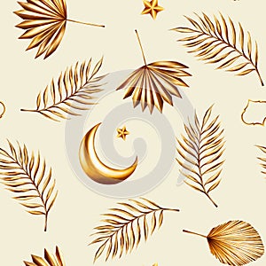 Watercolor seamless pattern with golden pampas grass, date palm branches, crescent moon, star illustration isolated on