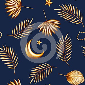 Watercolor seamless pattern with golden pampas grass, date palm branches, crescent moon, star illustration isolated on