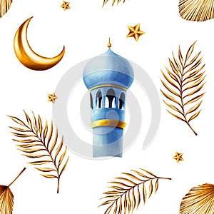 Watercolor seamless pattern with golden pampas grass, date palm branches, minaret, crescent moon, star illustration