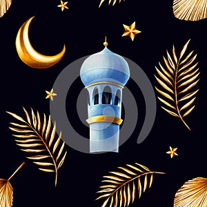 Watercolor seamless pattern with golden pampas grass, date palm branches, minaret, crescent moon, star illustration