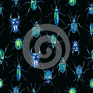 Watercolor seamless pattern with green beetles