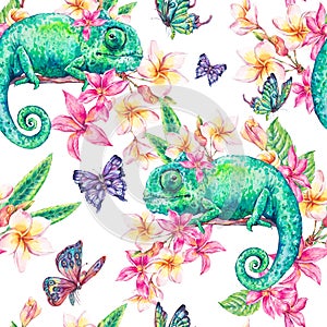 Watercolor seamless pattern with green chameleon
