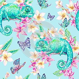 Watercolor seamless pattern with green chameleon