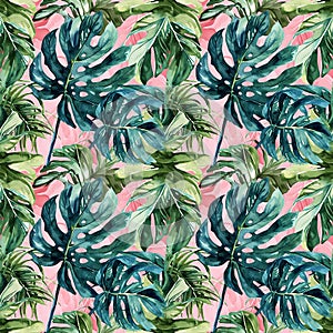 watercolor seamless pattern green colors tropical leaves on pink background