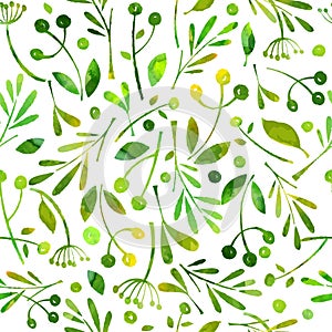 Watercolor seamless pattern. Green herbals and spices.