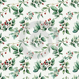 watercolor seamless pattern green mistletoe sprigs with red berries on a white background
