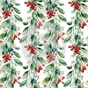 watercolor seamless pattern green mistletoe sprigs with red berries on a white background