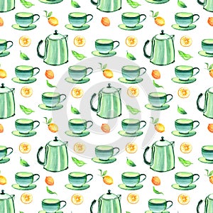 Watercolor seamless pattern with green teapot