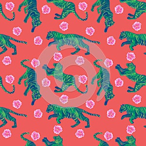 Watercolor seamless pattern with green tigers and pink hibiscus flowers  isolated on pink background.
