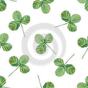 Watercolor seamless pattern with greenery, strawberry green leaves on a white background. For textile, wrapping