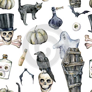 Watercolor seamless pattern with halloween symbols: ghost and coffin. Hand painted holiday template with skull, crow and