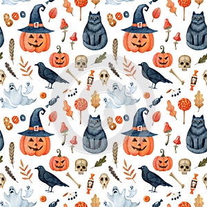 Watercolor seamless pattern with Halloween symbols isolated on white background.