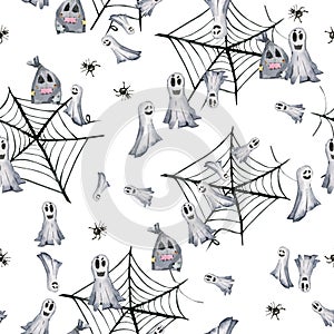 Watercolor seamless pattern Halloween symbols on a white background.