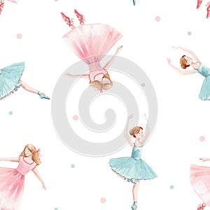 Watercolor seamless pattern with cute dancing girls ballet nutcracker ballerina clip art isolated illustrations