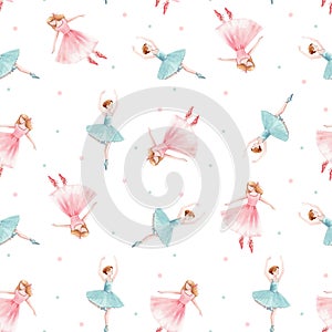 Watercolor seamless pattern with cute dancing girls ballet nutcracker ballerina clip art isolated illustrations