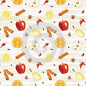 Watercolor seamless pattern with hand drawn elements lemon, orange, cinnamon sticks, apples, rose hips and spices on striped