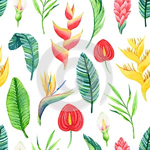 Watercolor seamless pattern of hand-drawn leaves and flowers from humid rainforest