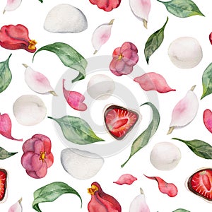 Watercolor seamless pattern with hand drawn traditional Japanese sweets. Wagashi, mochi, camellia flowers. Isolated on