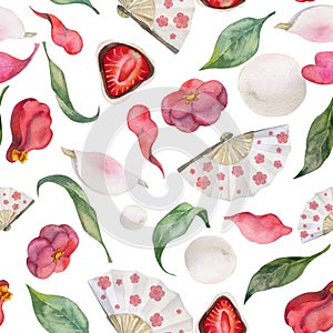 Watercolor seamless pattern with hand drawn traditional Japanese sweets. Wagashi, mochi, camellia flowers. Isolated on