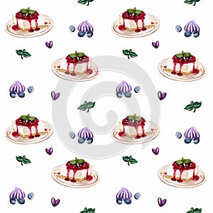 Watercolor seamless pattern. Hand drawn vintage background with sweet cheescakes, hearts and mint leaves. Vector design