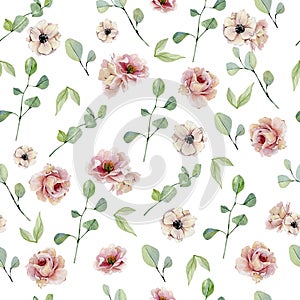 Watercolor seamless pattern hand painted eucalyptus and vintage flowers. Nature eco design branches and leaves isolated on white b