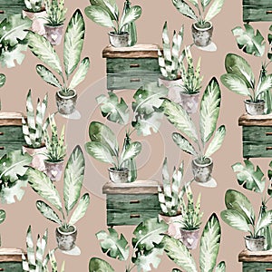 Watercolor seamless pattern of hand painted house potted houseplant. green plants in flower pots. Scrapbooking paper background of