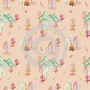 Watercolor seamless pattern. Hand painted illustration of antumn forest. Nature scenery with mountain, trees, leaves, fire on logs