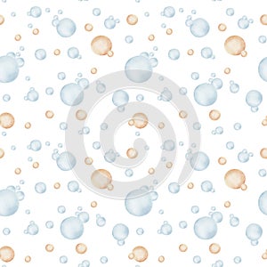 Watercolor seamless pattern from hand painted illustration of blue and beige air bubbles underwater. Soap bubbles. Abstract