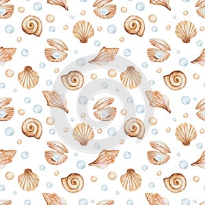 Watercolor seamless pattern from hand painted illustration of sea shell in brown beige color with blue jewelry pearl, bubbles.