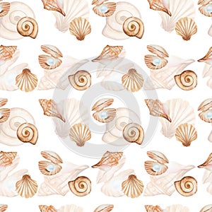 Watercolor seamless pattern from hand painted illustration of sea shell in brown beige color with blue jewelry pearl. Ocean animal