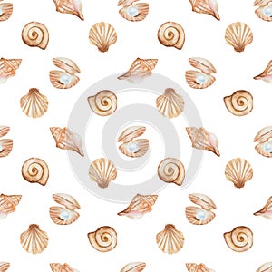 Watercolor seamless pattern from hand painted illustration of sea shell in brown beige color with blue jewelry pearl. Ocean animal