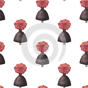 Watercolor seamless pattern from hand painted illustration of woman in black dress with open red umbrella, long skirt, standing