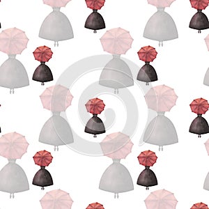 Watercolor seamless pattern from hand painted illustration of woman in black dress with open red umbrella, long skirt, standing
