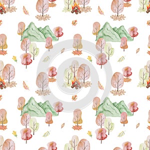 Watercolor seamless pattern. Hand painted illustrations of antumn forest. Nature scenery with mountain, trees, leaves, fire