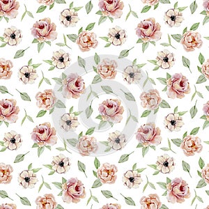 Watercolor seamless pattern hand painted vintage flowers. Nature spring design roses, anemones, peonies isolated on white backgrou